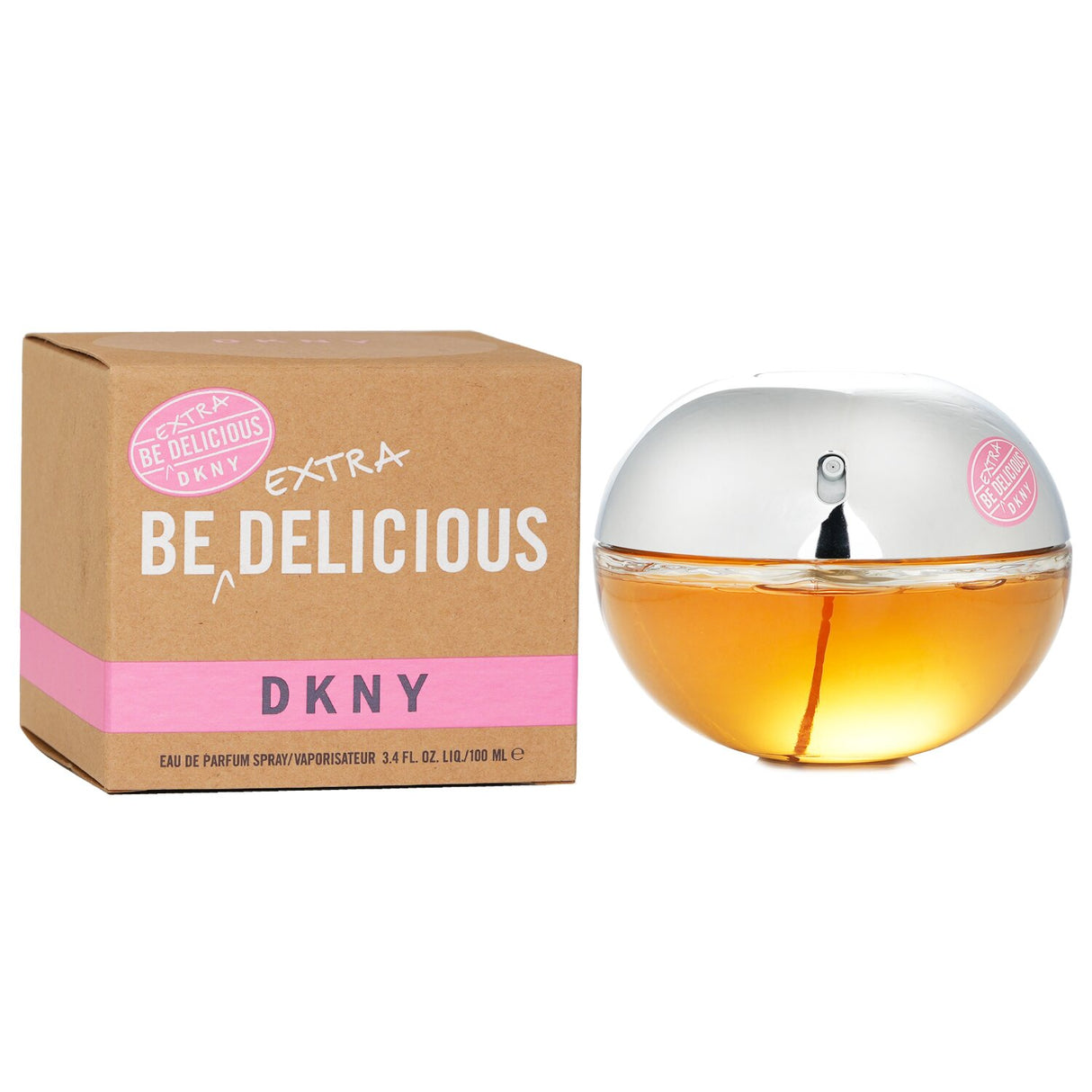 "DKNY Be Extra Delicious Eau De Parfum Spray 100ml, a floral fruity scent with notes of Blackcurrant, Pear, and Caramel."