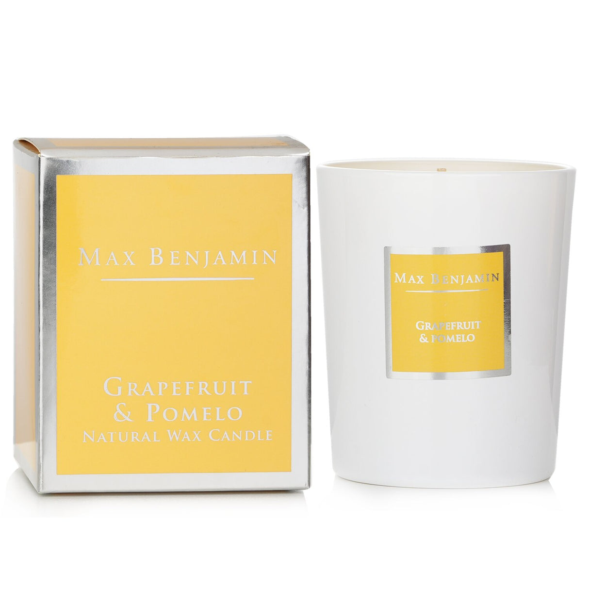 Max Benjamin Grapefruit & Pomelo Candle in a glass jar, eco-friendly soy wax, vibrant citrus scent, 40-hour burn time.