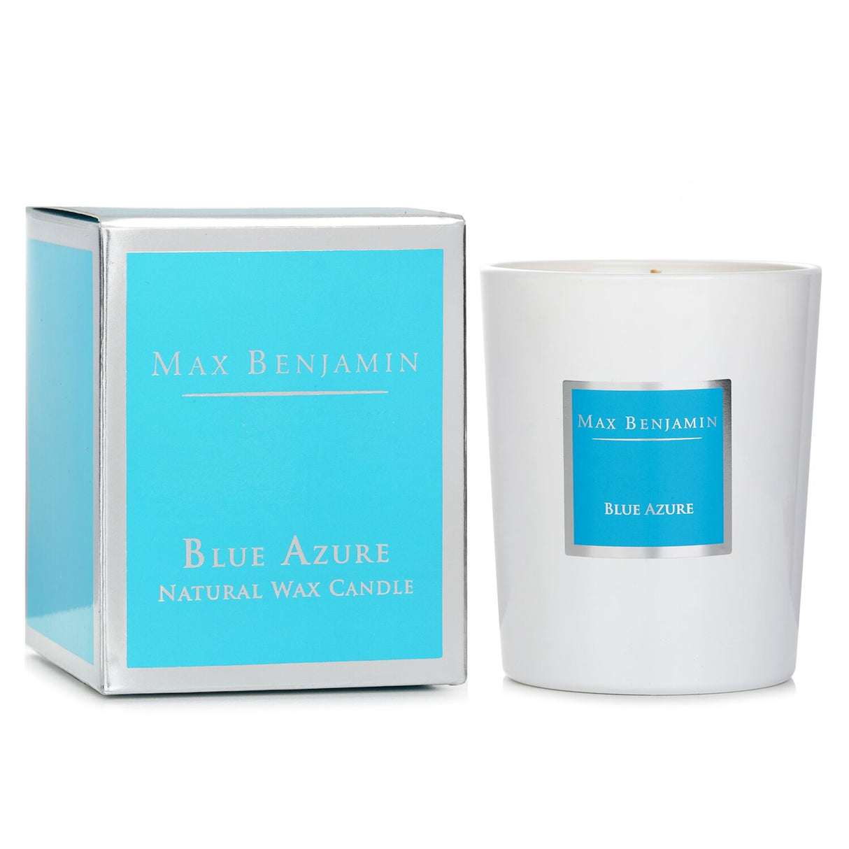 Premium Max Benjamin Blue Azure Candle in elegant glass, crafted from natural soy wax, infusing space with herb and spice aromas.