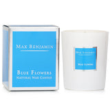 Max Benjamin Blue Flowers Candle in elegant glass, 190g soy wax, fragrant blue flowers, burns up to 40 hours, safe and eco-friendly.