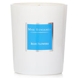 Max Benjamin Blue Flowers Candle in an elegant glass container, offering a romantic floral scent and a 40-hour burn time.