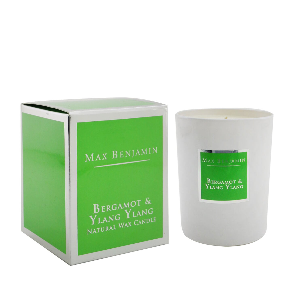Max Benjamin Bergamot & Ylang Ylang Candle, 190g, in a sleek glass vessel, eco-friendly, burns up to 40 hours, inviting aroma.