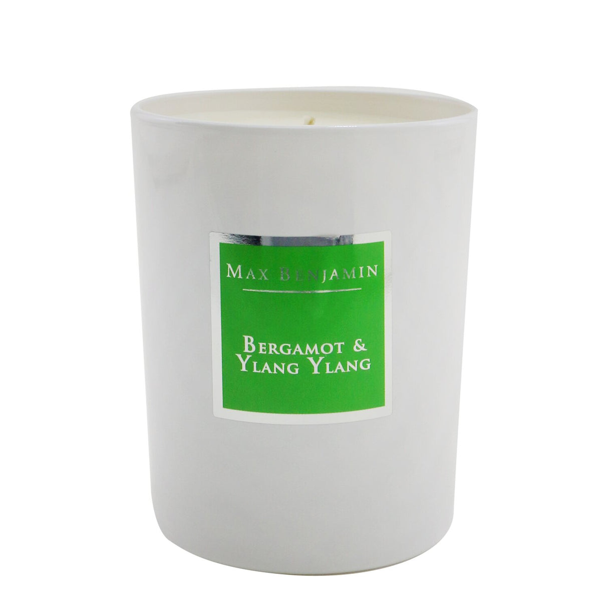 Max Benjamin Bergamot & Ylang Ylang Candle in sleek glass, natural soy wax, burns for 40 hours, perfect for relaxation.