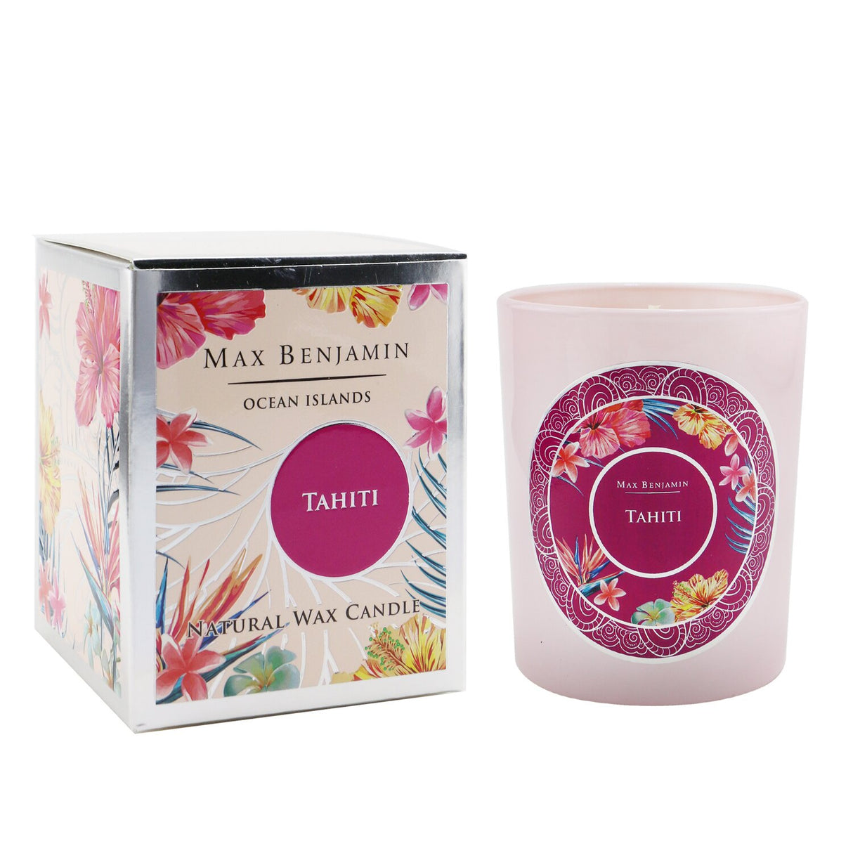 Scented candle in a chic jar, evoking Tahiti's floral and fruity notes, crafted from natural wax with 40-hour burn time.