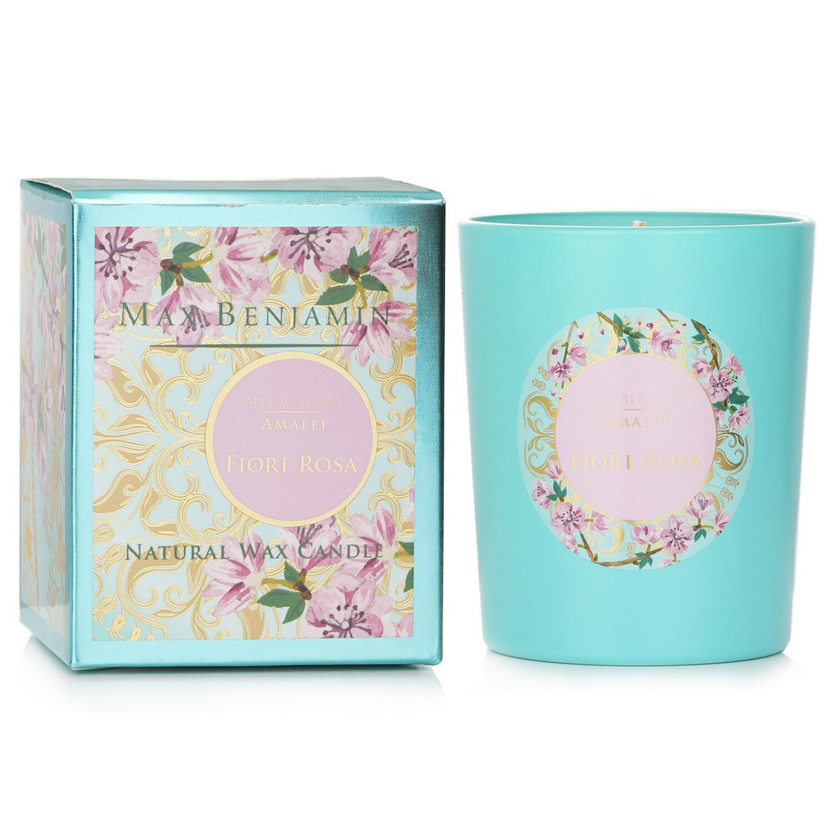 Max Benjamin Amalfi Candle in Fiori Rosa, 190g natural wax, eco-friendly, floral scent, burns up to 40 hours, ideal for ambiance.