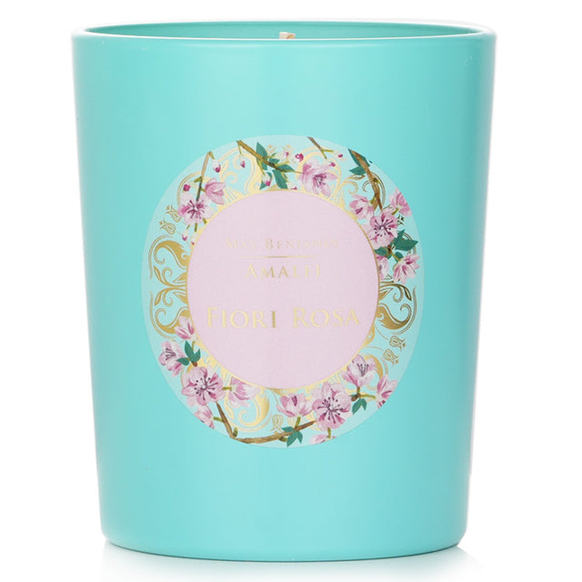 Max Benjamin Amalfi Candle in Fiori Rosa, 190g, offers a floral fragrance and up to 40 hours of eco-friendly burn time.