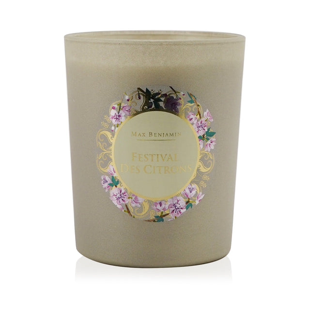 Max Benjamin Provence Candle in a stone-inspired holder, uplifting citrus scent, 100% natural wax, 40-hour burn time.
