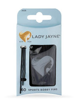 Black contoured bobby pins in pack of 60, featuring a non-slip finish for all-day hold and comfort in various sizes.