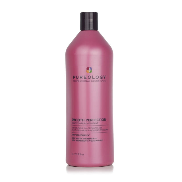 Pureology Smooth Perfection Conditioner in a 1000ml bottle, ideal for frizz-prone, color-treated hair with vegan, zero sulfate formula.