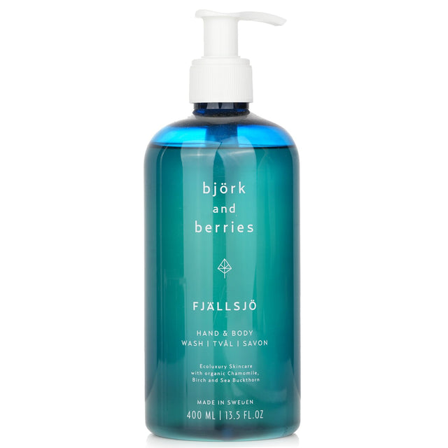 Luxurious Bjork & Berries Fjallsjo hand and body wash, 400ml, with organic sea buckthorn, birch, and chamomile for soft, refreshed skin.