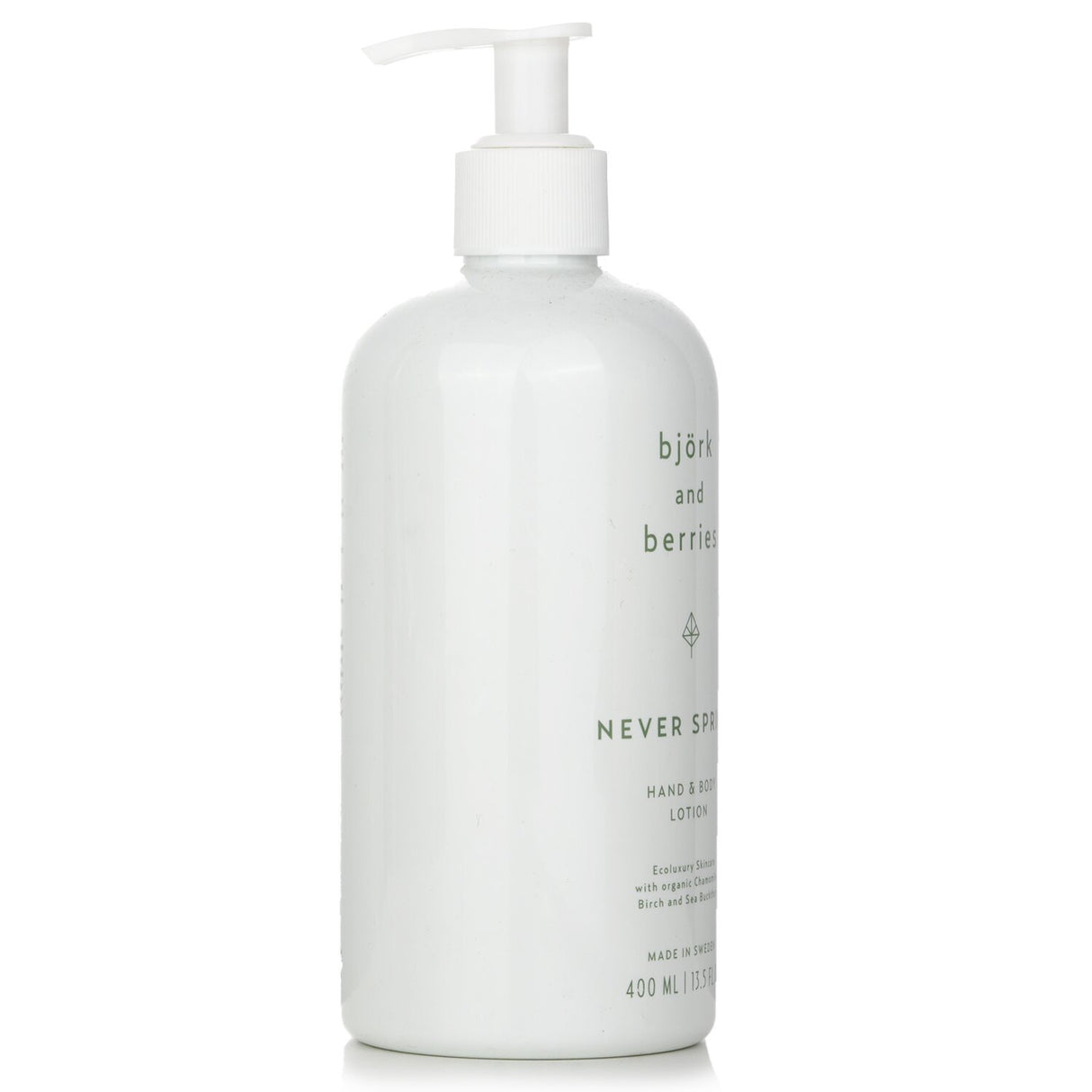 Bjork & Berries Never Spring Hand & Body Lotion in a 400ml bottle, offers luxurious hydration with organic sea buckthorn and chamomile.