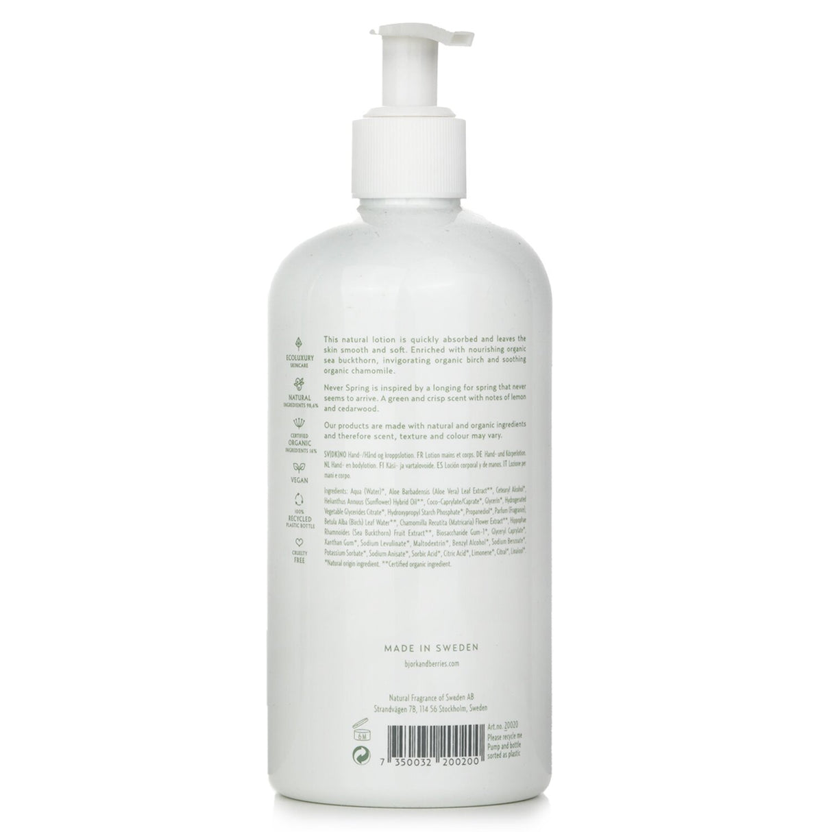 Luxury hand and body lotion in a 400ml bottle, enriched with organic ingredients for intense hydration and a fresh scent.