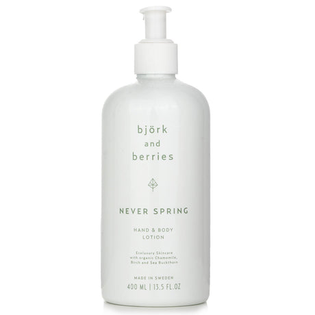 Bjork & Berries Never Spring Hand & Body Lotion in a 400ml bottle, featuring a creamy texture for deep hydration and a calming scent.