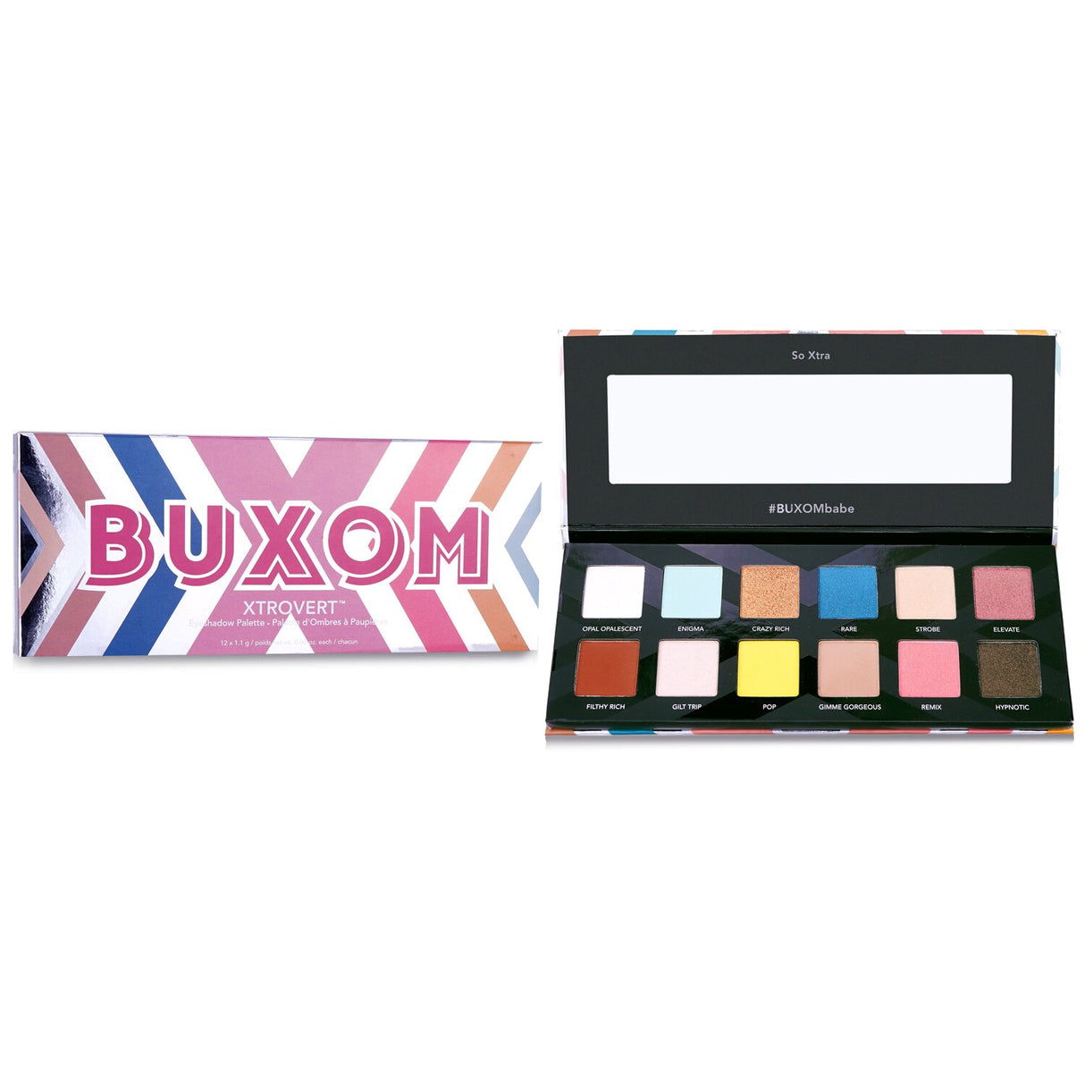 Vibrant Buxom Xtrovert Eyeshadow Palette with 12 pigmented shades in various finishes for creative makeup looks.