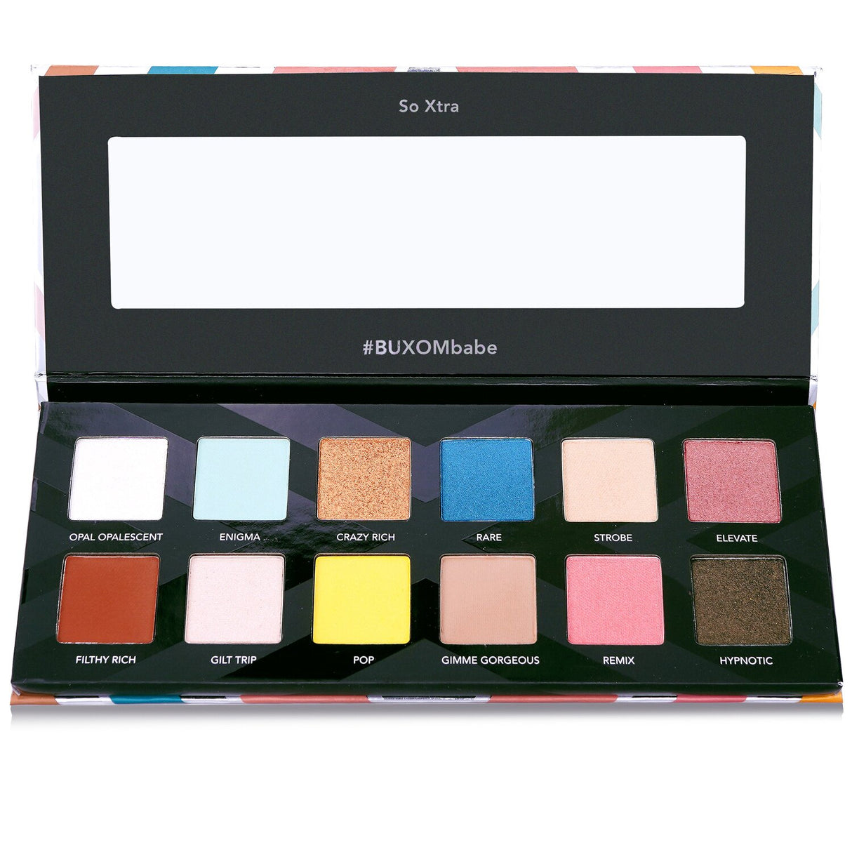 Buxom Xtrovert Eyeshadow Palette featuring 12 vibrant shades with various finishes for endless makeup looks.