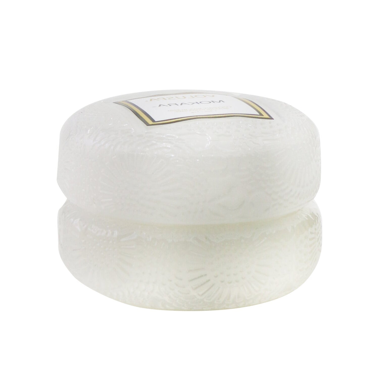 Elegant Voluspa Macaron Candle in Mokara, 51g, with orchid and lily scent, housed in a chic geometric glass container.