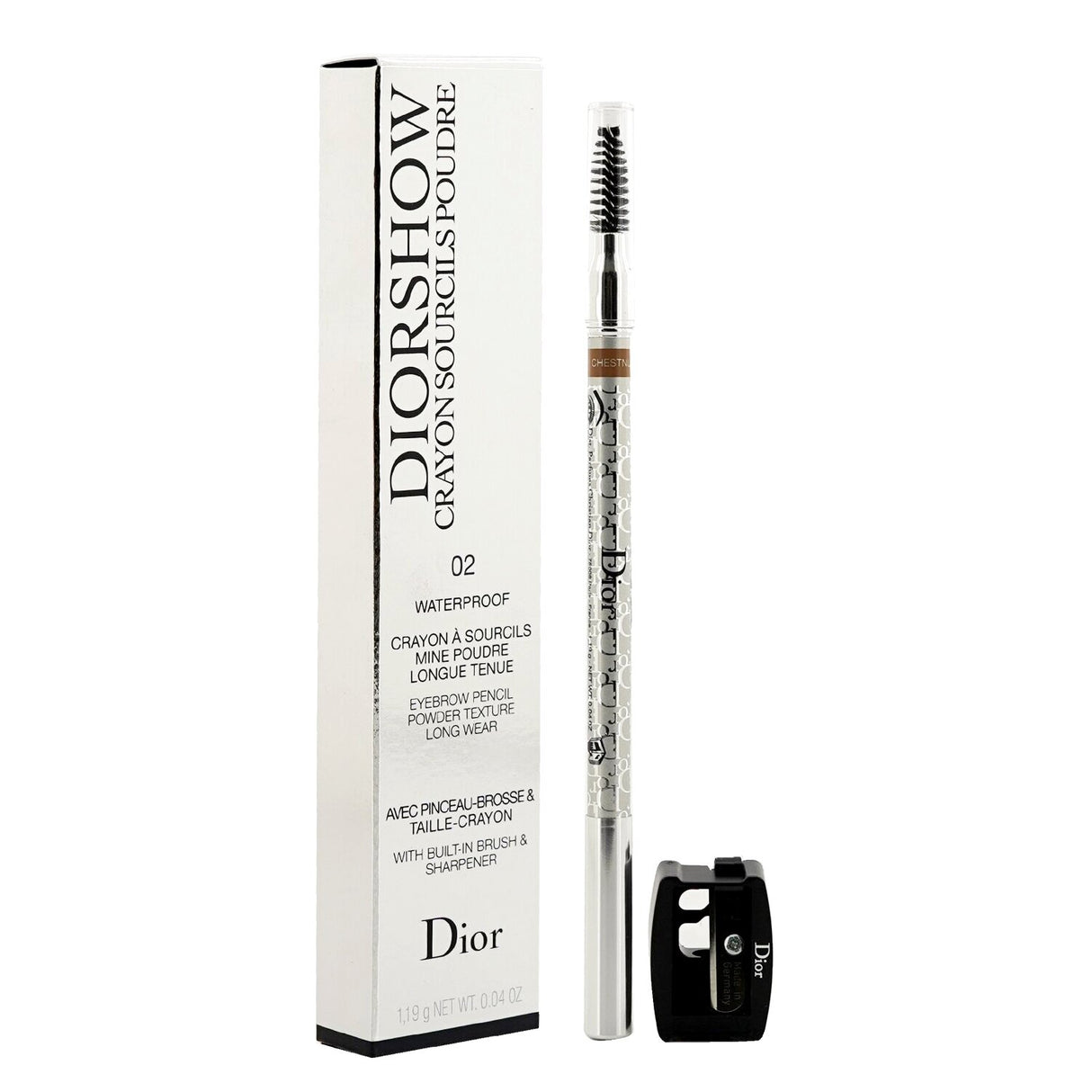 Waterproof eyebrow crayon in #02 Chestnut, offering highly pigmented color for defined, beautifully shaped brows.