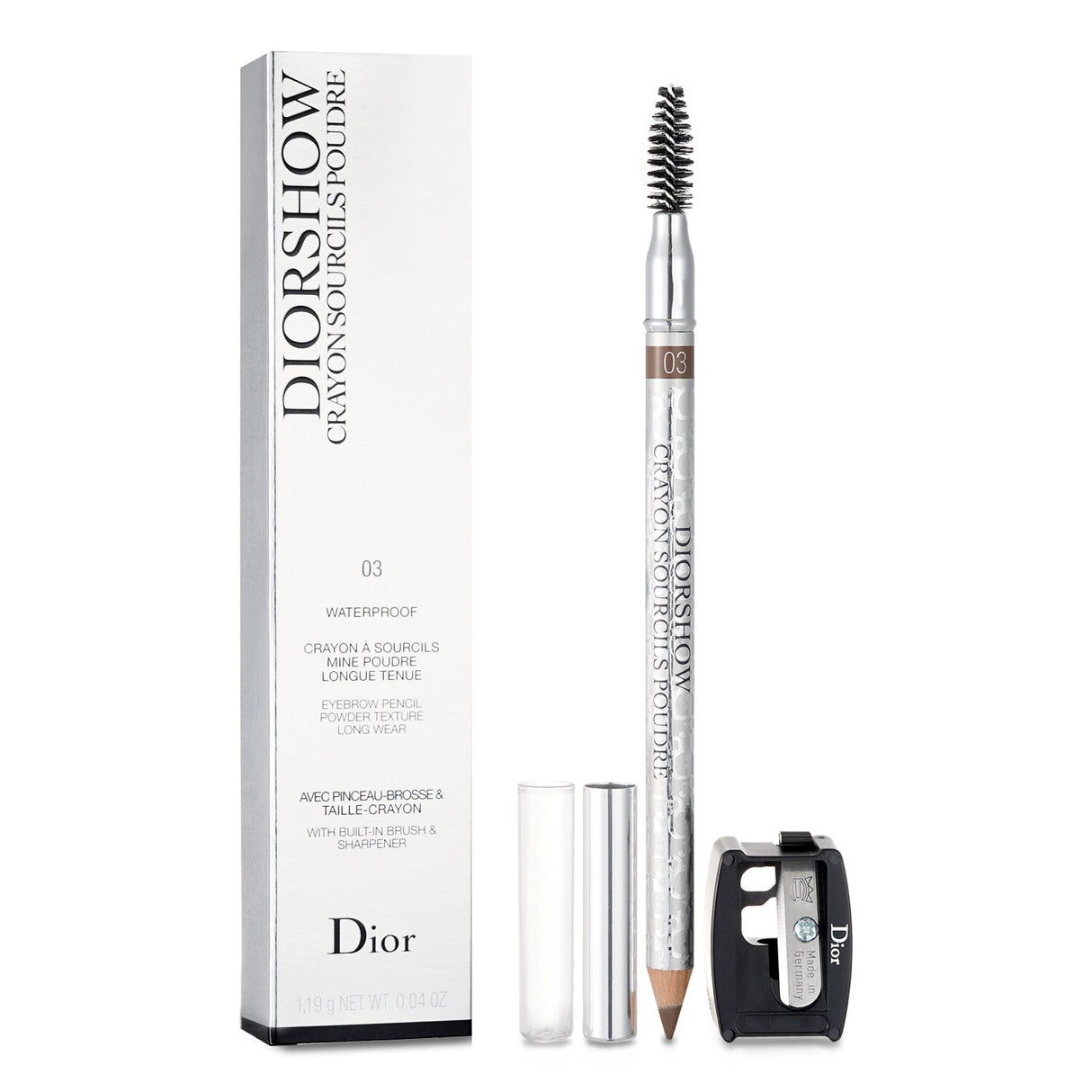 Waterproof eyebrow pencil in #03 Brown for defined, natural-looking brows with a long-lasting, smudge-proof formula.