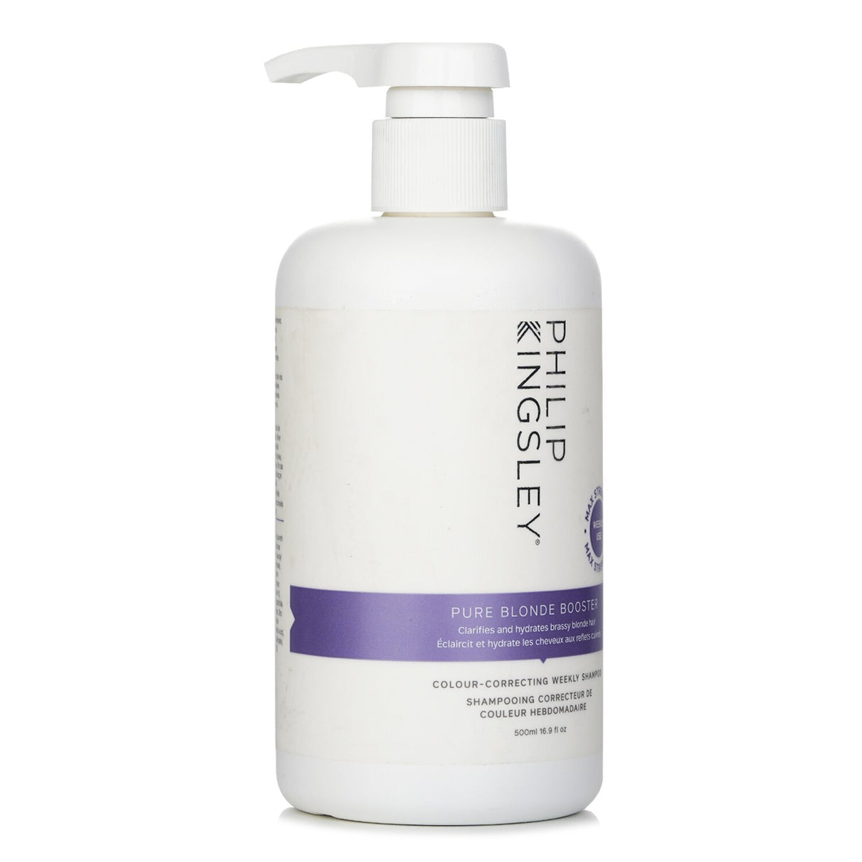 Violet pigmented shampoo for blonde, grey, and bleached hair, enhancing brightness and neutralizing brassiness.