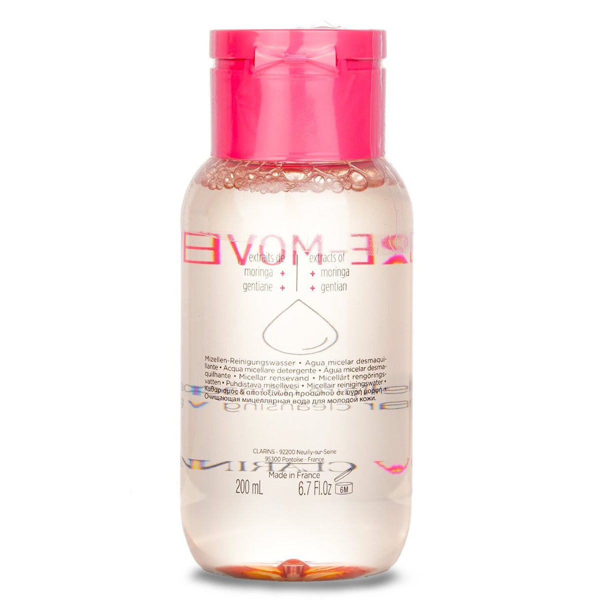 Clarins My Clarins Re-Move Micellar Cleansing Water in 200ml, a plant-based formula to gently clean face, eyes, and lips.