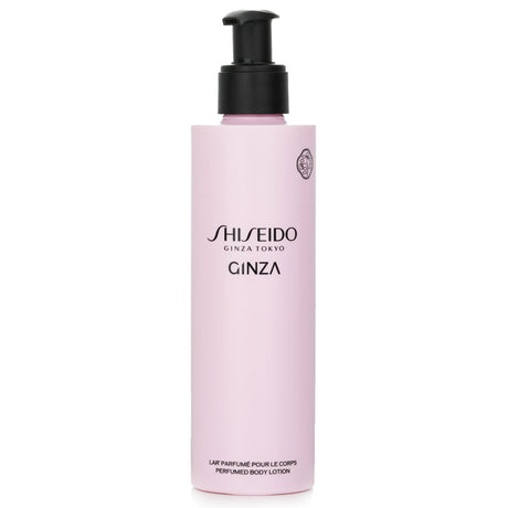 Shiseido Ginza Perfumed Body Lotion in 200ml, featuring a woody floral scent and lightweight texture for deep hydration.