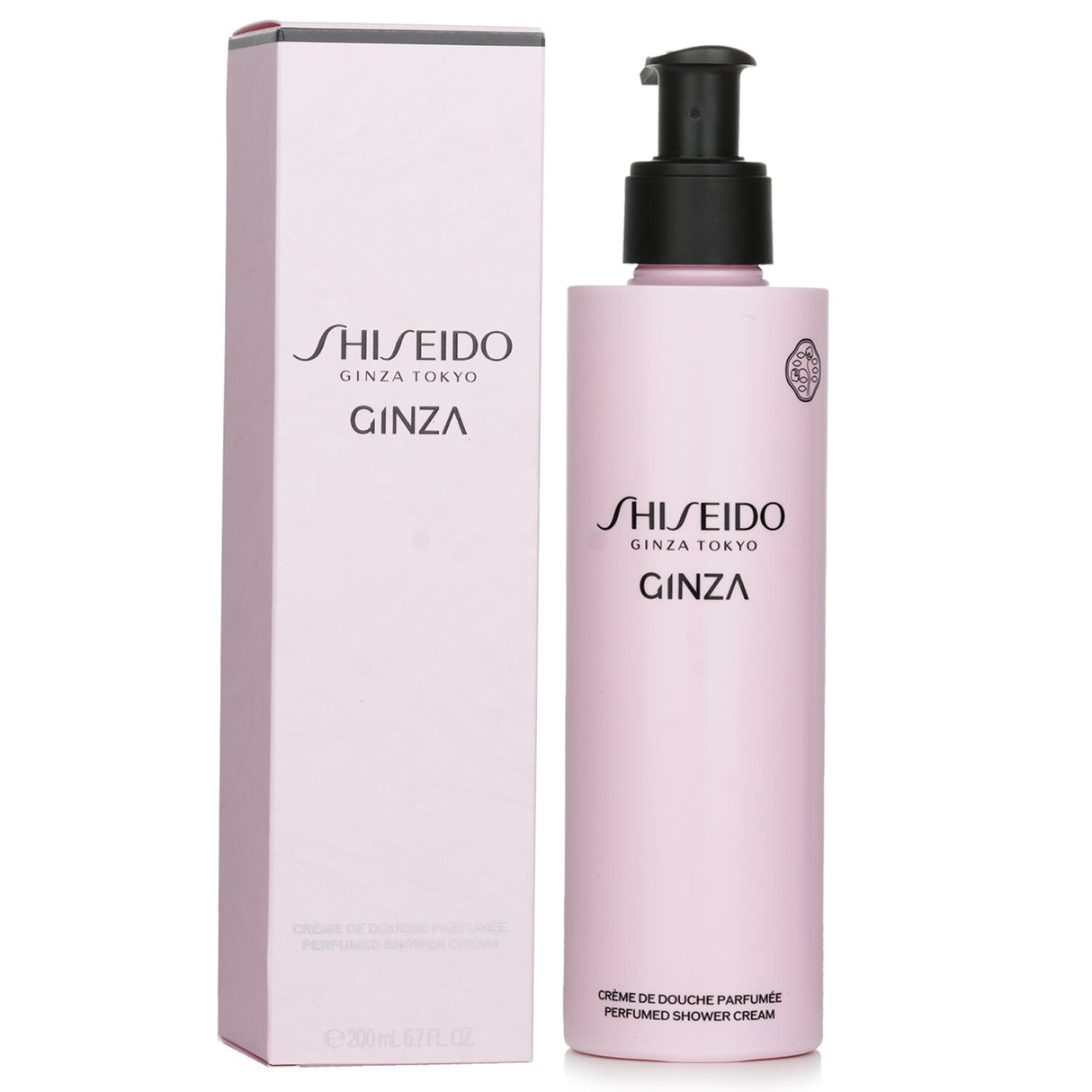 Shiseido Ginza Perfumed Shower Cream in a 200ml bottle, featuring a silky texture and woody floral scent for luxurious cleansing.