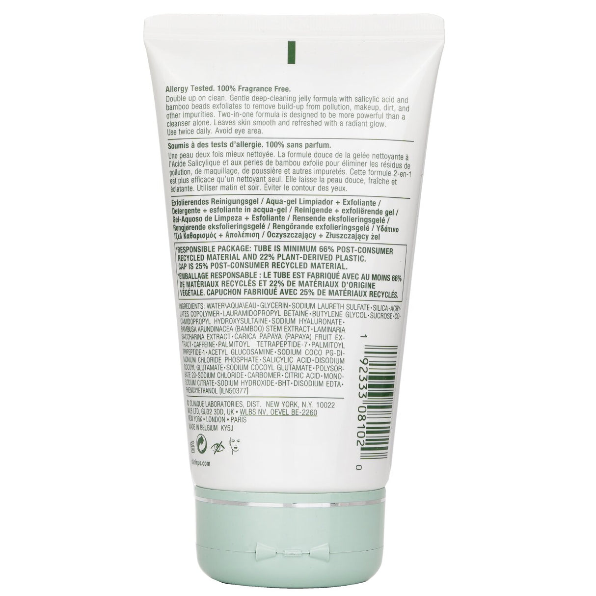 Clinique 2-in-1 cleansing jelly with Bamboo Beads and Salicylic Acid for radiant, clear, and fresh skin.