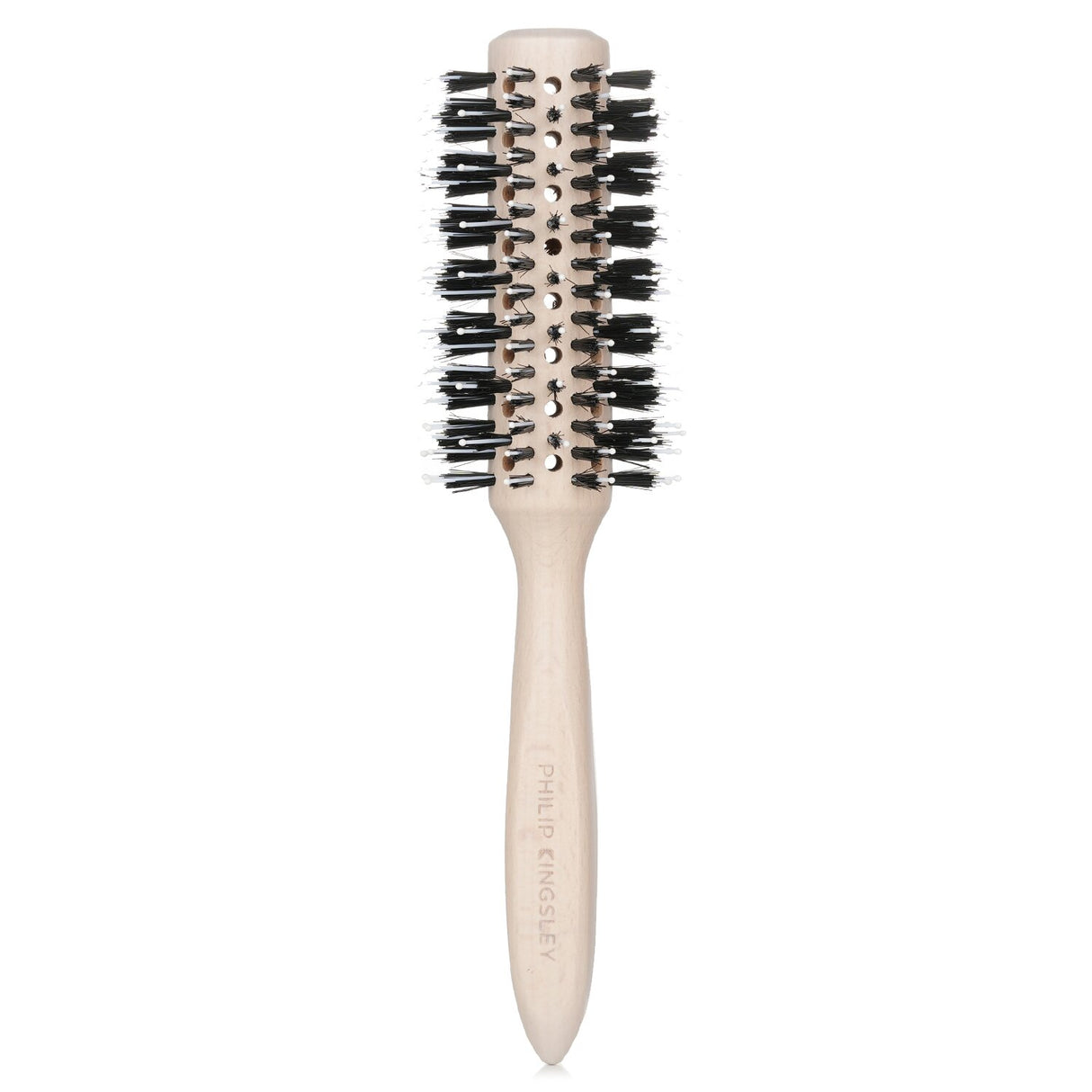 Vented radial brush for medium to longer hair, featuring soft boar bristles and an ergonomic handle for comfort and control.