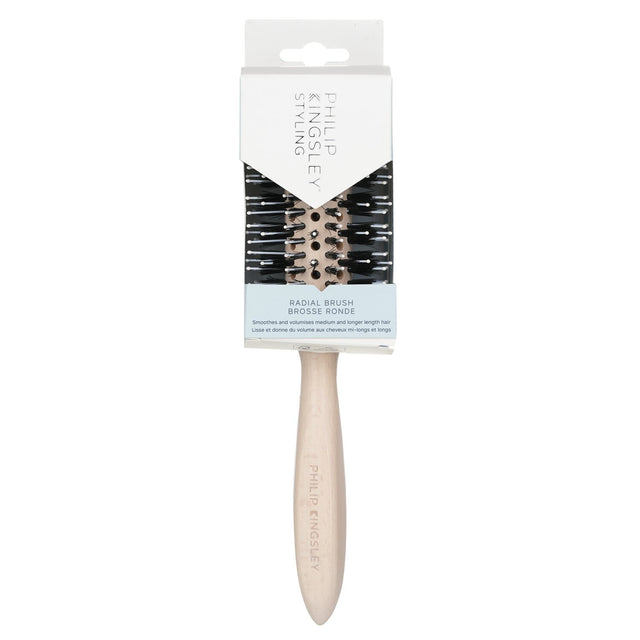 Vented radial brush with soft boar bristles, designed for smoothing and volumizing medium to long hair with comfort and control.