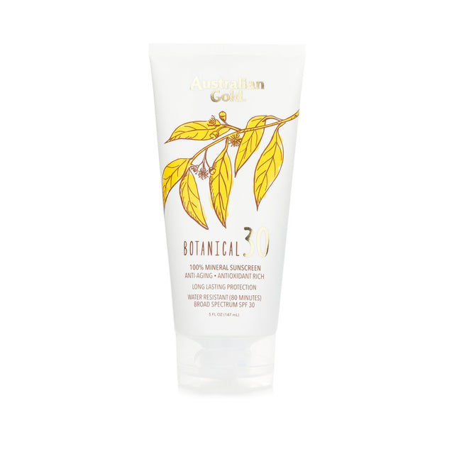 Australian Gold Botanical Mineral Sunscreen SPF 30, 147ml, offers 100% mineral protection, nourishing botanicals, and water resistance.