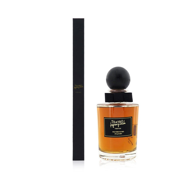 Elegant reed diffuser with an Iris Powder scent, featuring natural reeds for 14 weeks of calming fragrance.