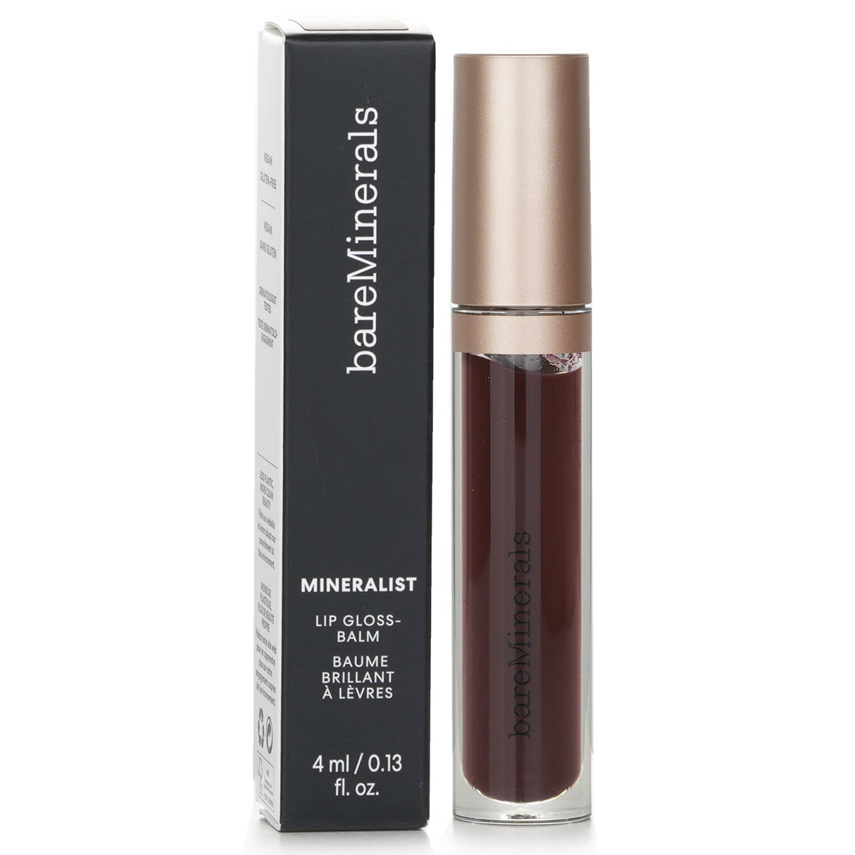 Vegan lip gloss balm in shade #Enlightenment, combines nourishing balm texture with glossy shine for hydration and comfort.