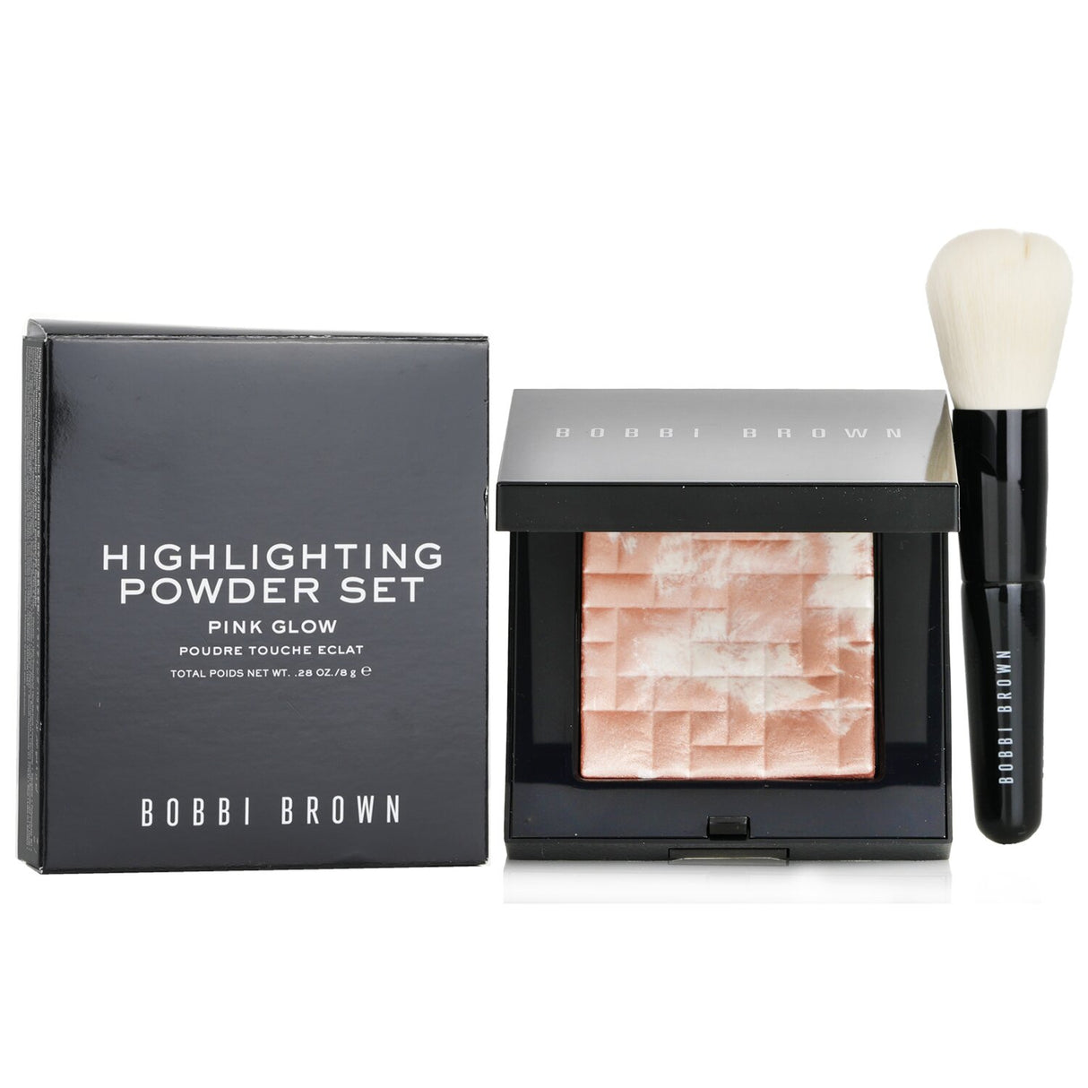 Bobbi Brown Highlighting Powder Set in #Pink Glow, featuring silky powder and mini brush for a luminous glow on light to medium skin tones.