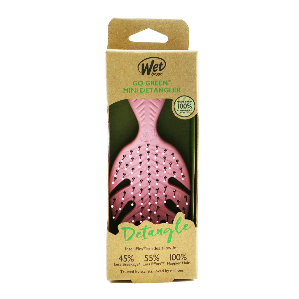 Vibrant pink Wet Brush Go Green Mini Detangler with eco-friendly bristles for gentle, effective detangling on the go.