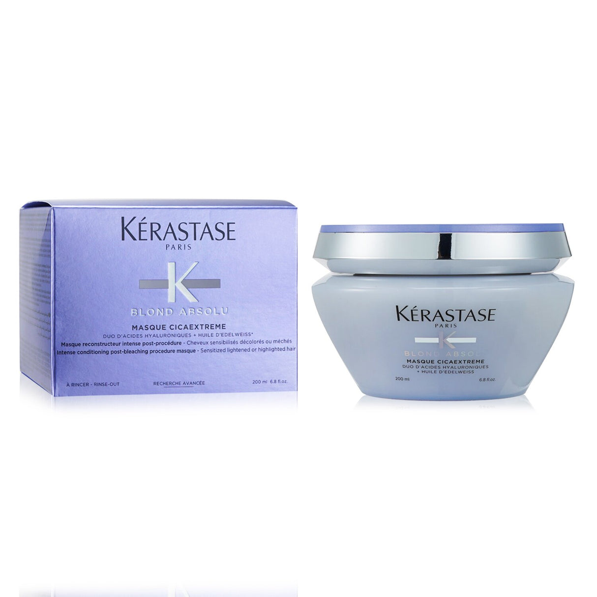 Kerastase Blond Absolu Masque Cicaextreme, a hair mask for bleached blonde hair, hydrates, strengthens, and controls frizz.