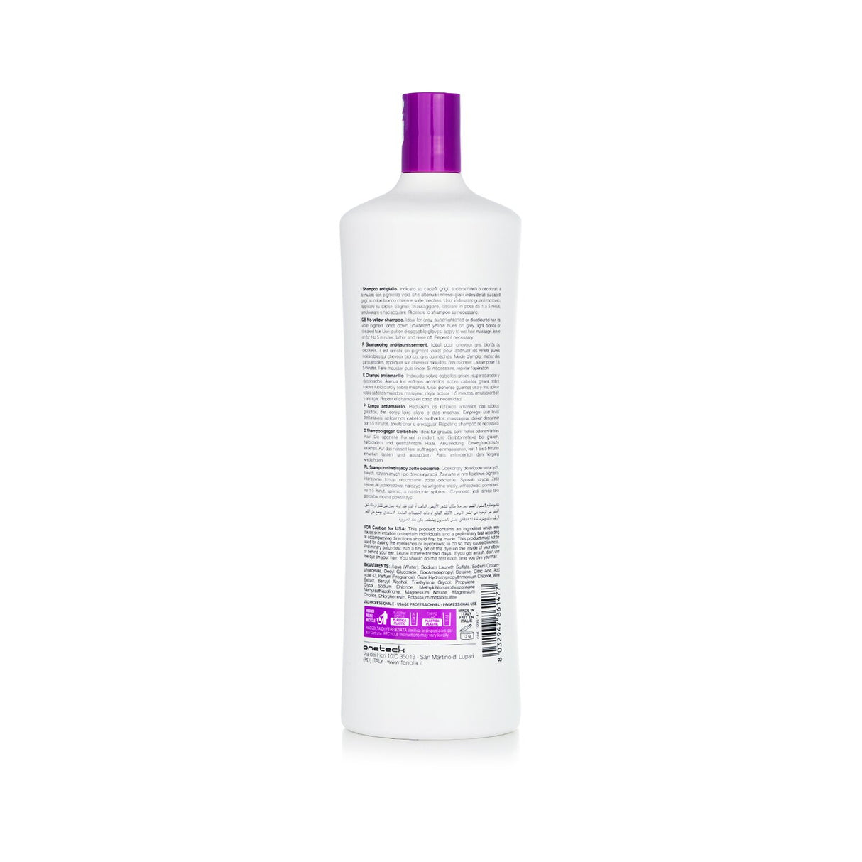 Violet pigment toning shampoo in a 1000ml bottle, neutralizing brassiness for vibrant blonde and grey hair.