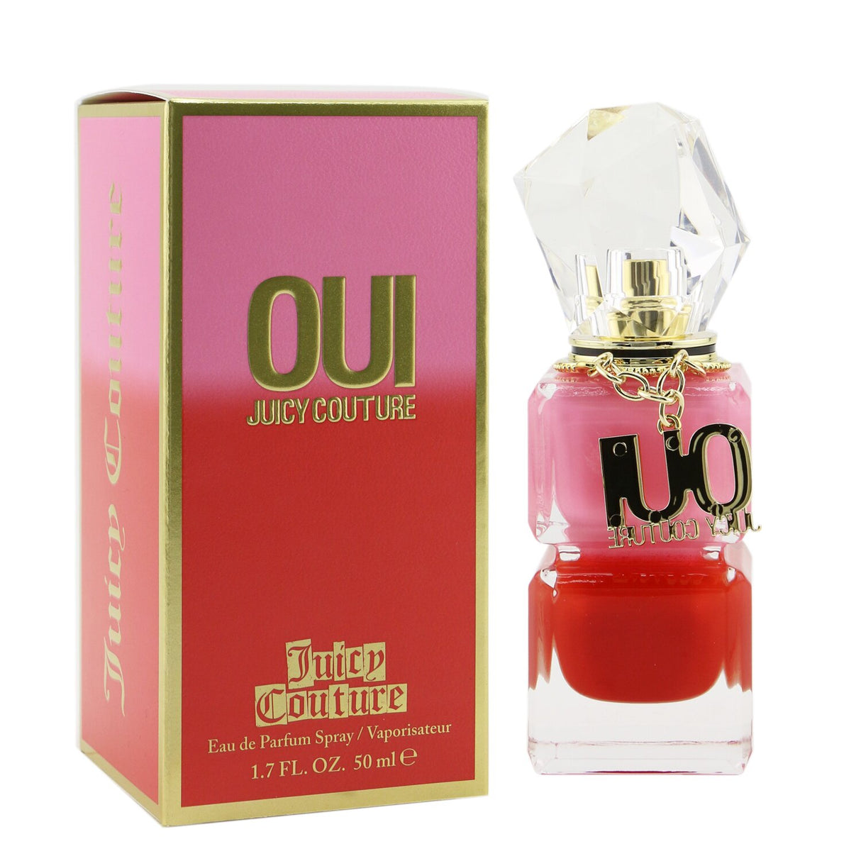 Juicy Couture Oui Eau De Parfum 50ml spray featuring floral fruity notes of watermelon, pear, and jasmine, ideal for spring and summer.