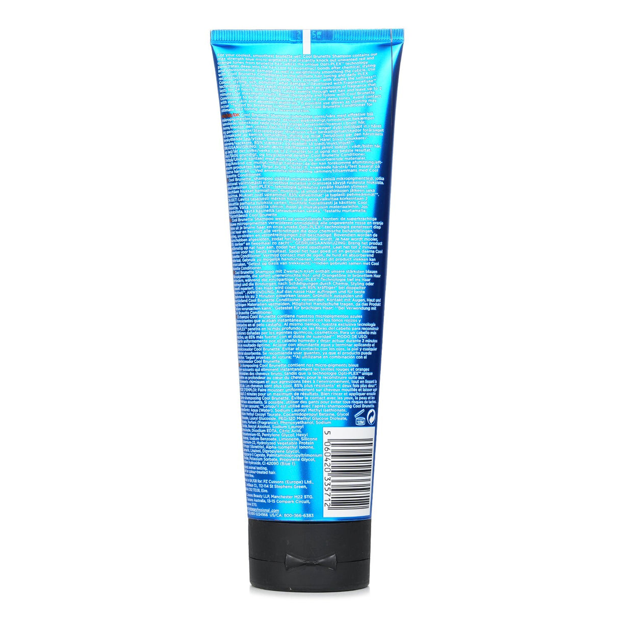 Cool Brunette Blue-Toning Shampoo with blue pigments to neutralize brassiness and repair hair, leaving it smooth and vibrant.