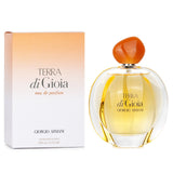 Giorgio Armani Terra Di Gioia Eau De Parfum, 100ml, features floral notes of pear, jasmine, and amberwood for a luxurious scent.