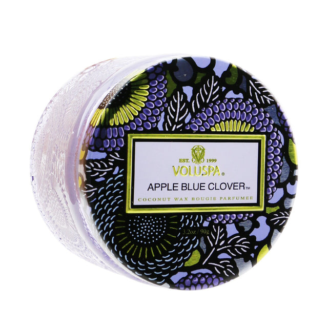 Mini Voluspa Petite Jar Candle in Apple Blue Clover, featuring vibrant Japanese-inspired designs and a clean coconut wax burn.