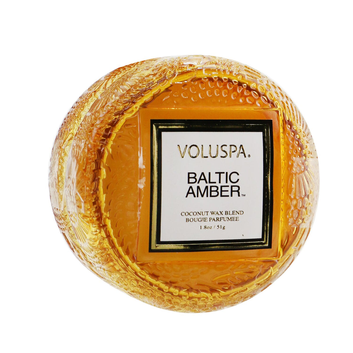 Voluspa Macaron Candle in Baltic Amber, 5.1g, with coconut wax, elegant glass container, and enchanting, warm fragrance.