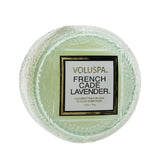Elegant Voluspa Macaron Candle in French Cade Lavender, featuring a geometric glass design and a soothing, aromatic fragrance.