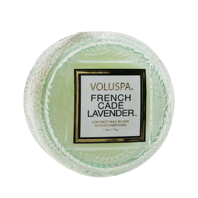 Elegant Voluspa Macaron Candle in French Cade Lavender, featuring a geometric glass design and a soothing, aromatic fragrance.