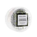 Voluspa Yashioka Gardenia Candle in geometric glass, 51g, offers floral scent, 15-hour burn time, and chic keepsake lid.