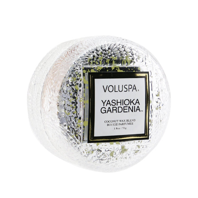 Voluspa Yashioka Gardenia Candle in geometric glass, 51g, offers floral scent, 15-hour burn time, and chic keepsake lid.