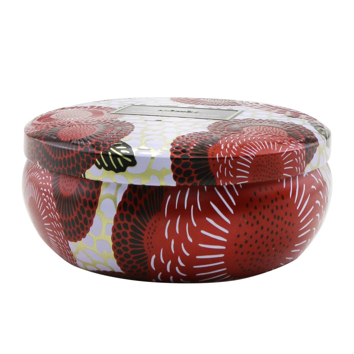 Voluspa 3 Wick Decorative Tin Candle in Spiced Goji Tarocco Orange, featuring a luxurious fragrance and elegant metallic tin design.