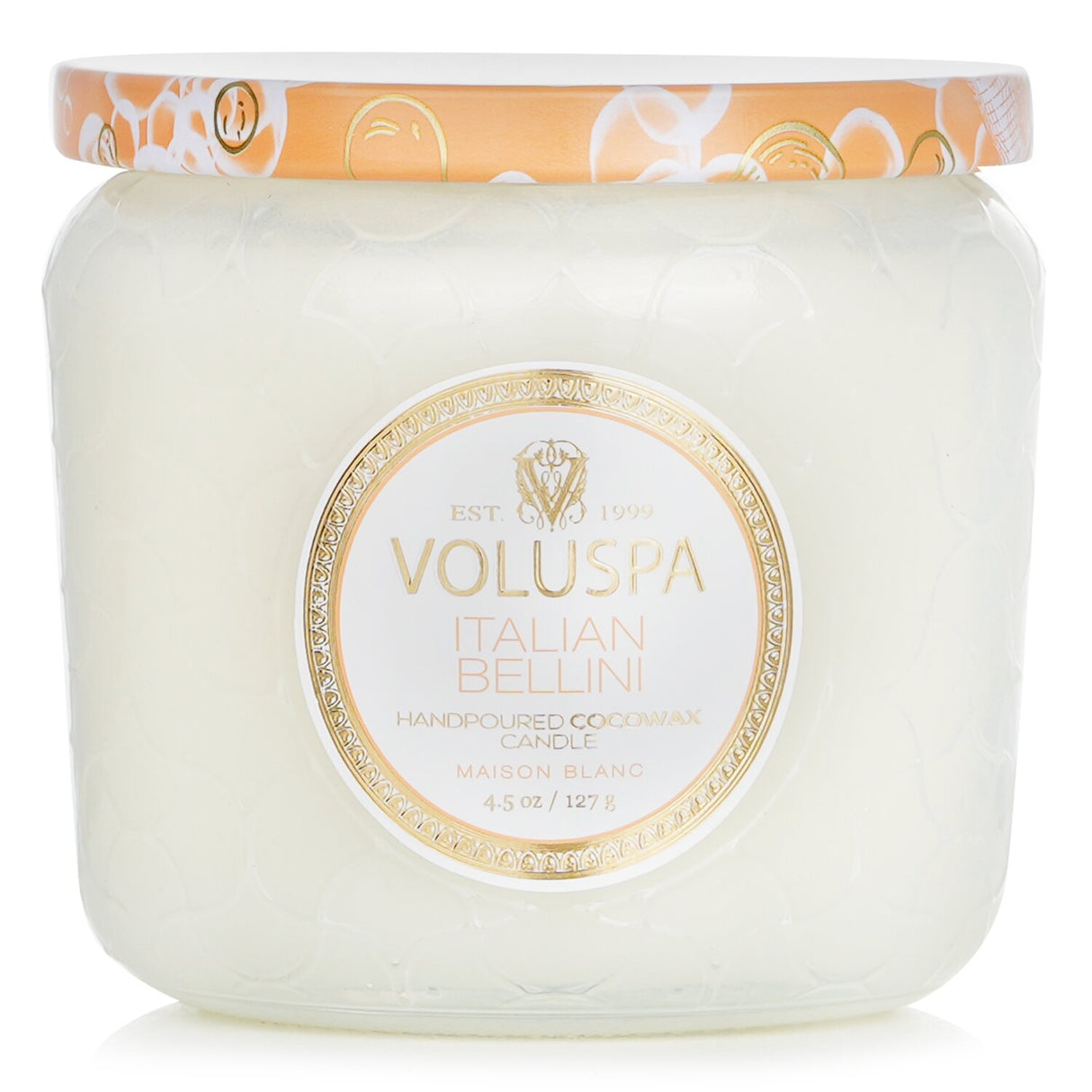Elegant Voluspa Petite Jar Candle in Italian Bellini, featuring notes of peach and champagne in a stylish glass container.