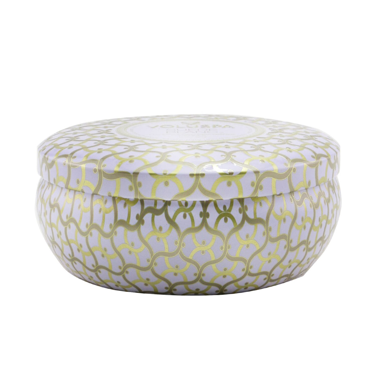 Luxurious Voluspa 3 Wick Candle in Suede Blanc, housed in a decorative metallic tin, providing a soft, inviting aroma.