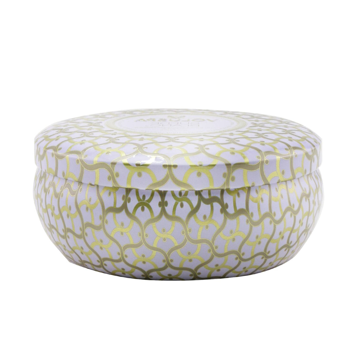 Luxury 3-wick candle in a jewel-toned tin, emitting a soft Suede Blanc fragrance for a warm, inviting ambiance.