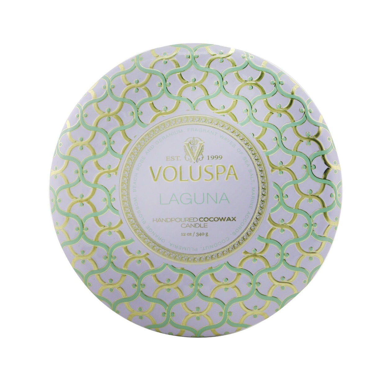 Voluspa decorative tin candle in Laguna with three wicks, coconut wax, and rich jewel-toned design for a luxurious glow.